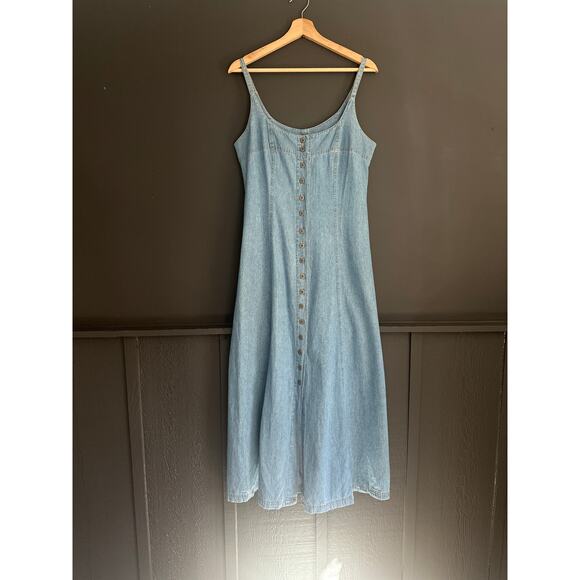 Vintage 90s Denim Ranch Revival Lace up Back Button Front Dress True Blue Sz 10 - Picture 1 of 8
